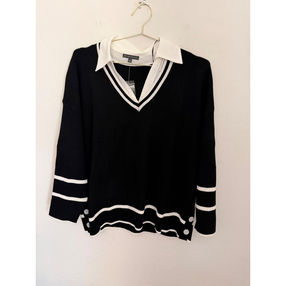 Adrianna Papell Black White Striped Layered Look Preppy Sweater Plus Size 1X NWT
